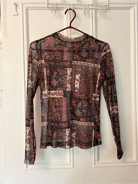 Long Sleeve Mesh Floral Patchwork Top - Black & Red
